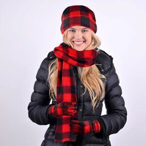 Women's Fleece Winter Hat Scarf & Gloves Set Tartan Plaid Matching Outfit 3-Pc